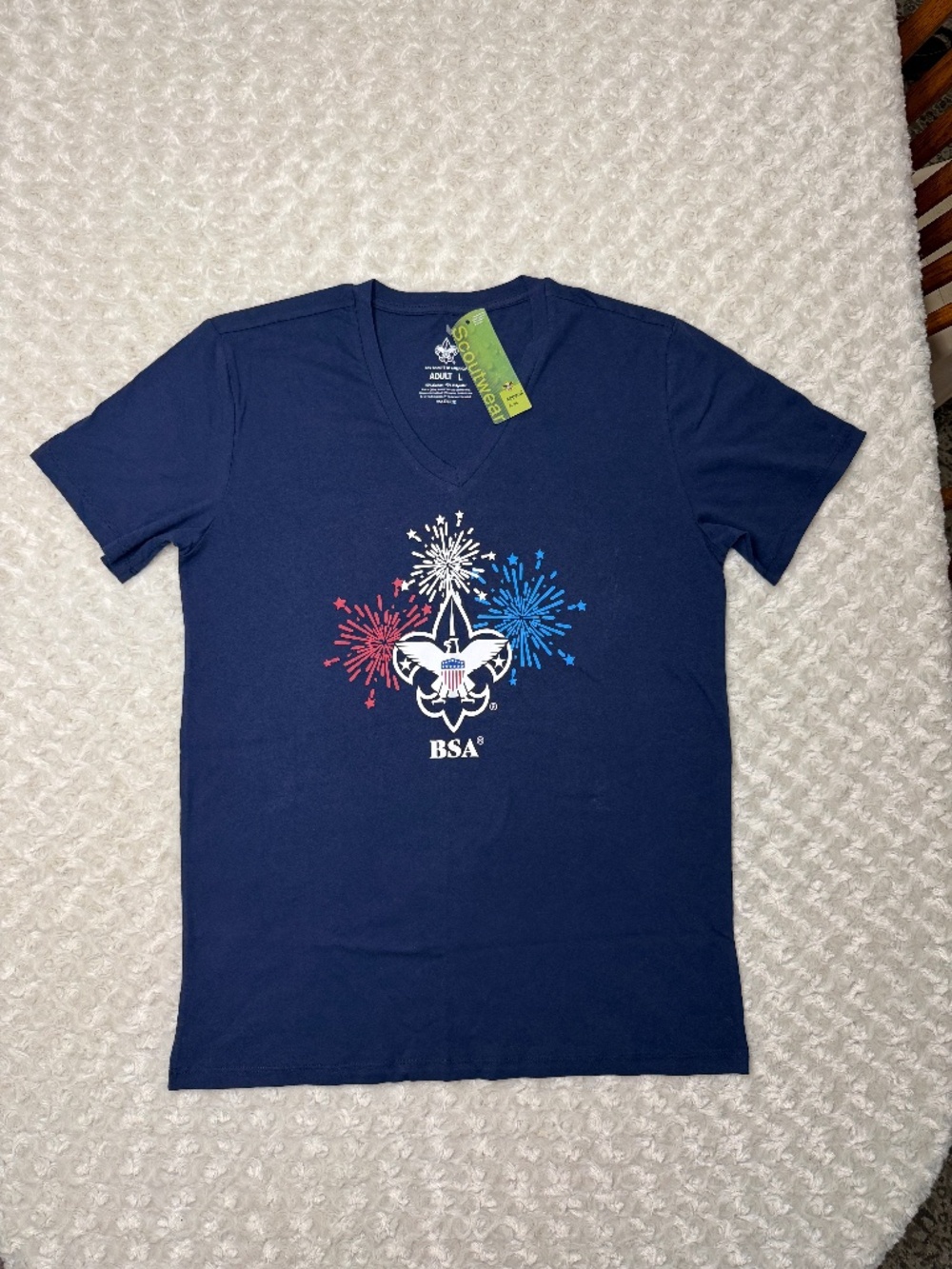 BSA Adult L Fireworks T-shirt Navy V-neck Boy Scouts Class B Scout Uniform Shirt